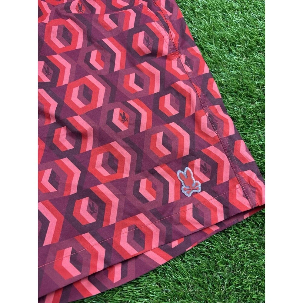Psycho Bunny Swim Trunks L Geometric Print Red Black Mesh Lined